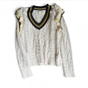 Anthropologie White Cable Knit V-Neck Sweater